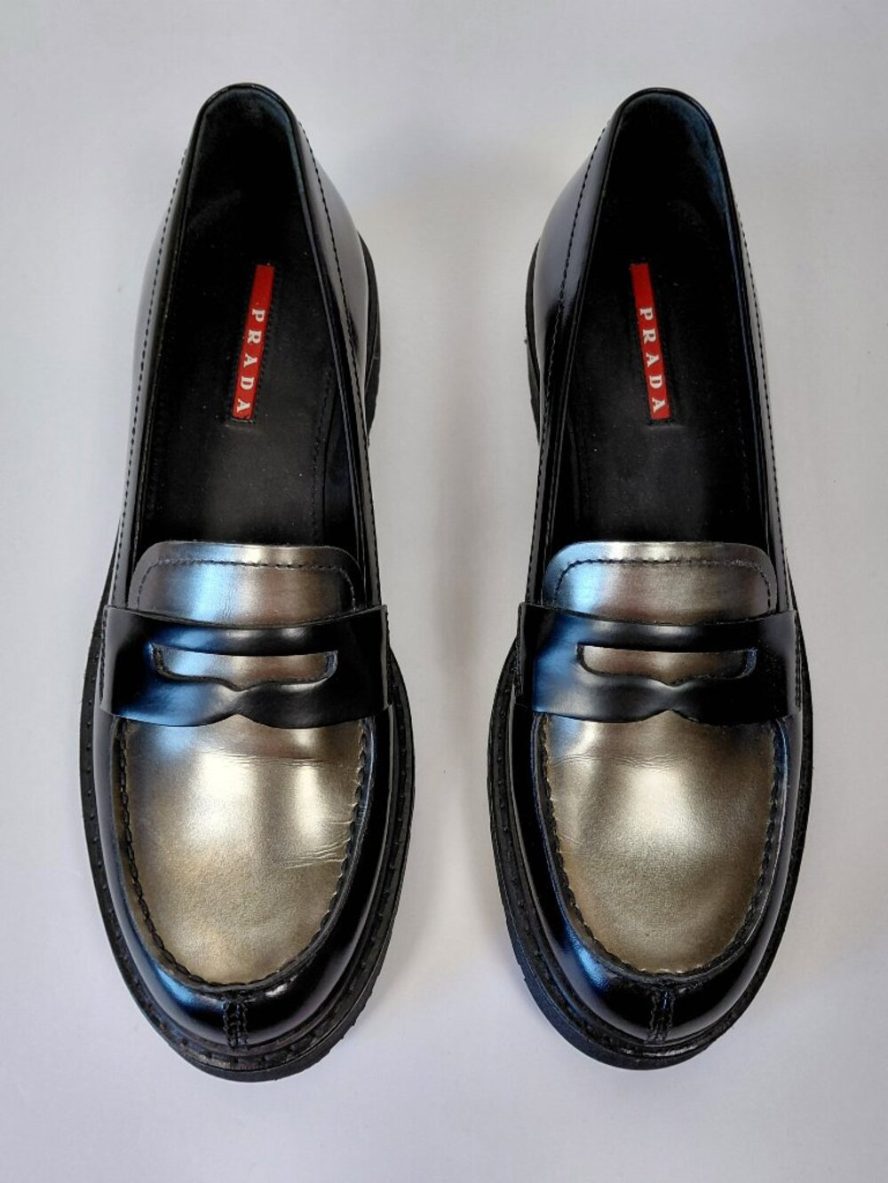 Prada 90's Women's Patent Leather Chunky Loafers Metallic Vamp US Size 9